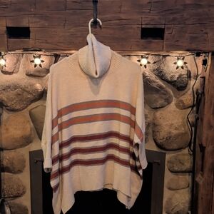 LOFT Cream Turtleneck Sweater with Orange and Burgundy Stripes